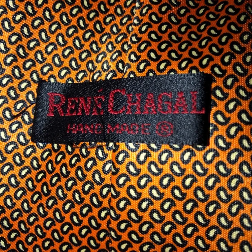 rene chagal Hand Made orange black cream mini paisley print SILK tie